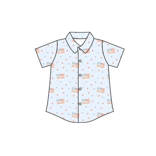 Preorder (moq 5)Baby Boys Short Sleeve Stars Flags 4th of July Button Shirts Top
