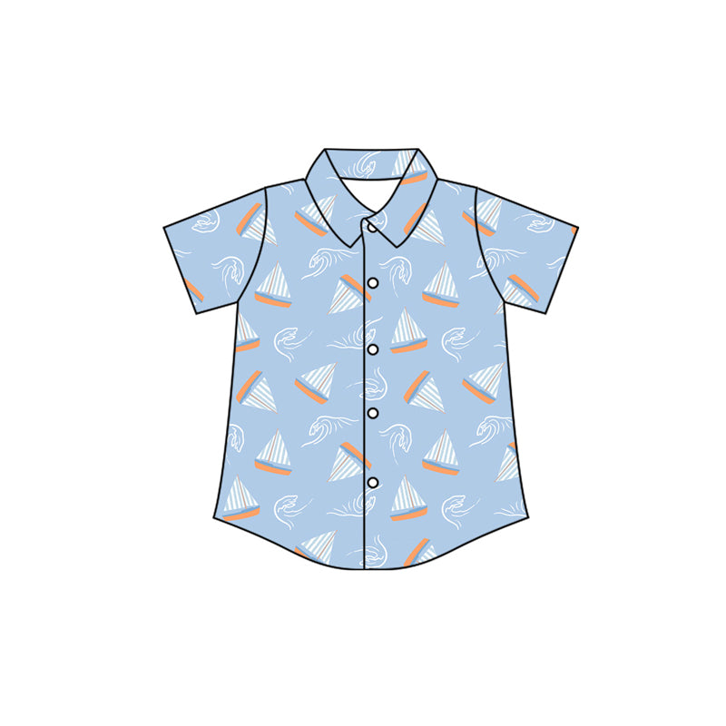 Preorder (moq 5)Baby Boys Short Sleeve Stripe Boats Button Shirts Top