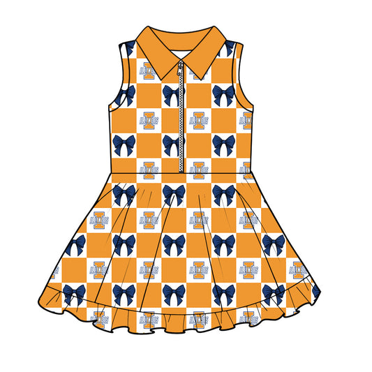 Preorder (moq 5)Baby Girls Orange Illinois Bows Checked Zip Short Team Knee Length Dress