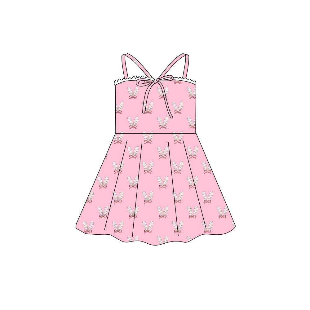 Preorder (moq 5)Baby Girls Strap Easter Rabbits Bow Top Knee Length Dresses
