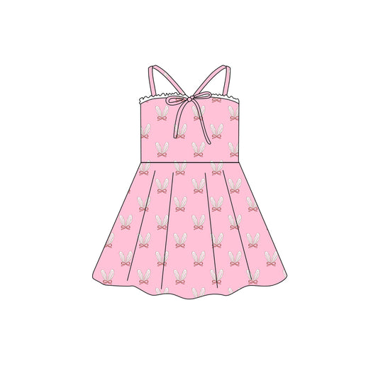 Preorder (moq 5)Baby Girls Strap Easter Rabbits Bow Top Knee Length Dresses