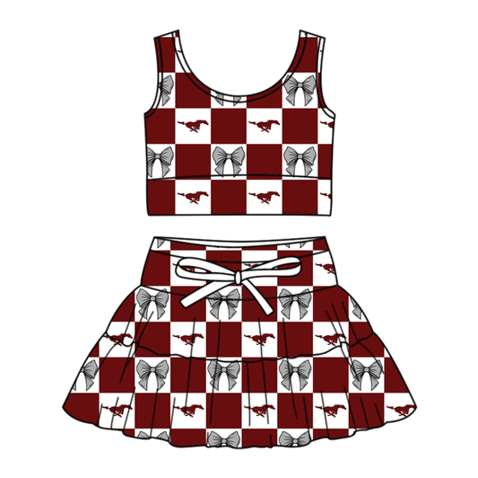 Preorder (moq 5)Baby Girls Red Horses Bows Checked Vests Skirt Short Team Clothes Sets