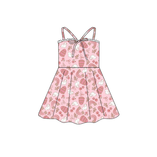 Preorder (moq 5)Baby Girls Strap Easter Rabbits Flowers Bow Top Knee Length Dresses