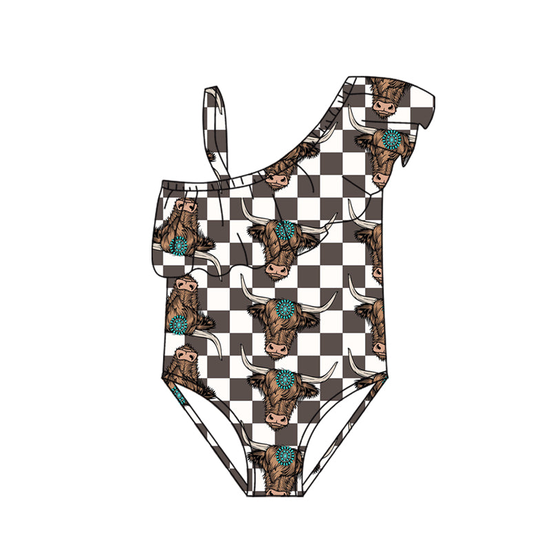 Preorder (moq 5)Baby Girls One Shoulder Highland Cow Turquoises Western Swimsuits