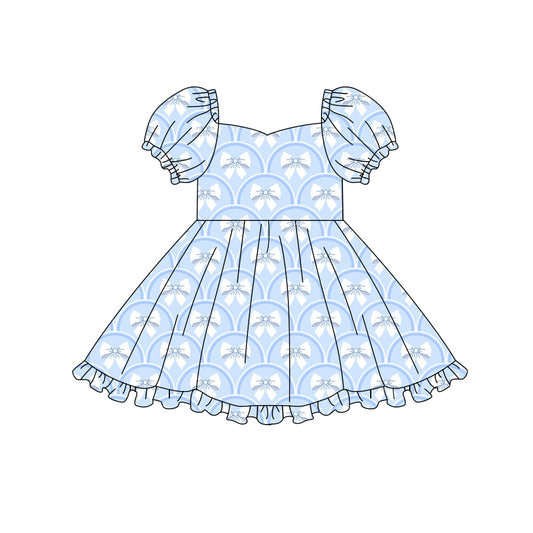 Preorder (moq 5)Baby Girls Short Sleeve Blue Bows Checked Ruffle Knee Length Dresses