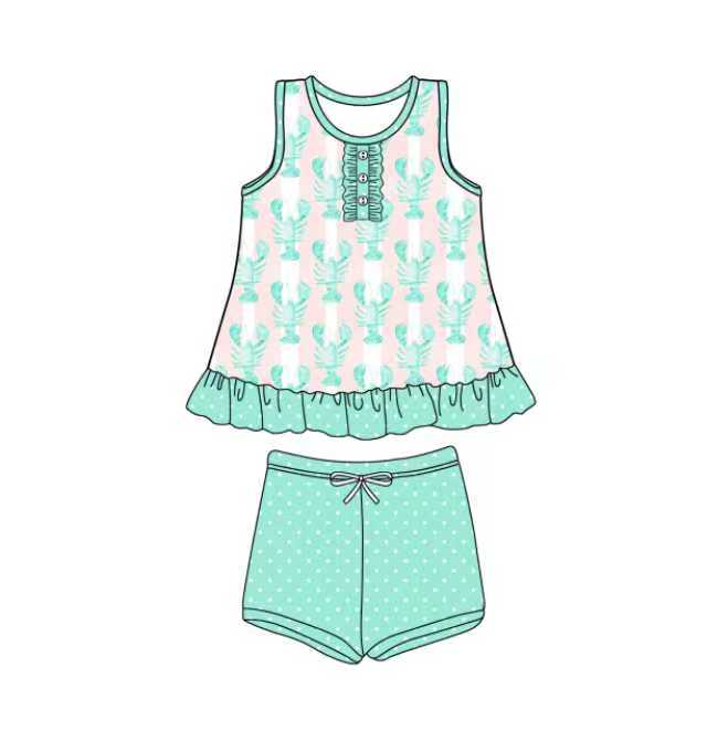 Preorder (moq 5)Baby Girls Pink Stripe Crayfishes Button Tunic Polka Dots Shorts Clothes Set