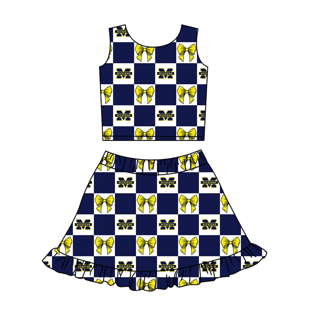 Preorder (moq 5)Baby Girls Bows Michigan Checked Vest Ruffle Skirt Short Team Clothes Sets