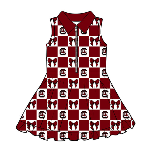 Preorder (moq 5)Baby Girls Red C Bull Bows Checked Zipper Short Team Knee Length Dress