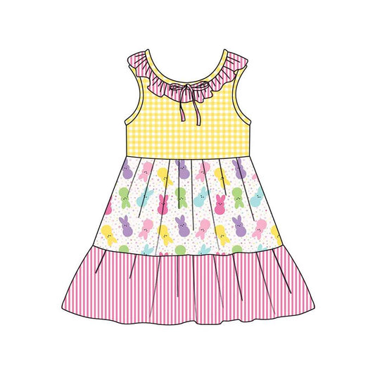 Preorder (moq 5)Baby Girls Collar Rabbits Checked Stripe Easter Patchwork Knee Length Dresses