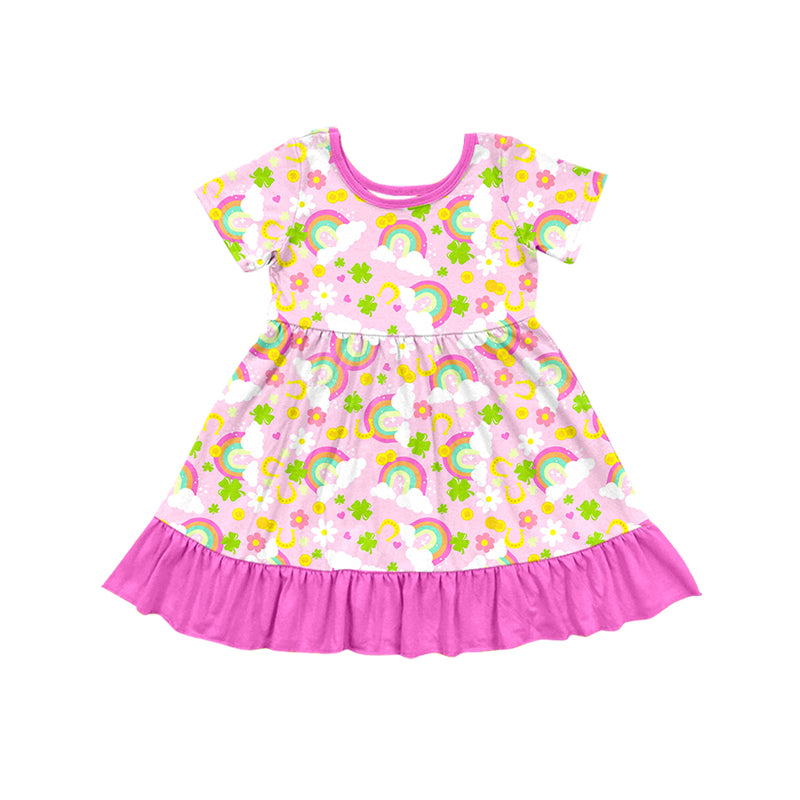 Preorder (moq 5)Baby Girls Rainbows Clovers St Patrick Ruffle Knee Length Dresses