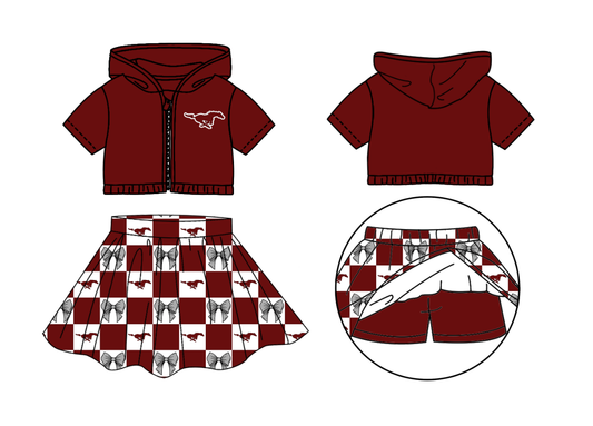 Preorder (moq 5)Baby Girls Red Horses Bows Zip Hoodie Jackets Skirt Short Team Clothes Set