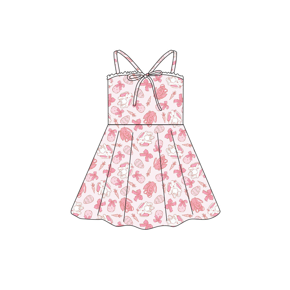Preorder (moq 5)Baby Girls Strap Easter Rabbits Carrots Bow Top Knee Length Dresses