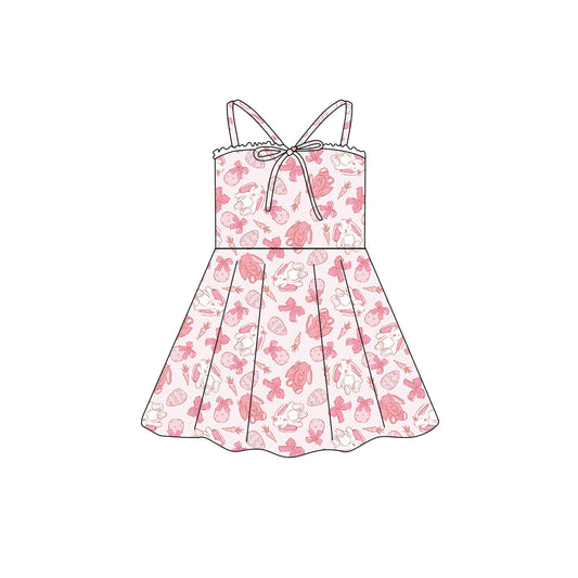 Preorder (moq 5)Baby Girls Strap Easter Rabbits Carrots Bow Top Knee Length Dresses