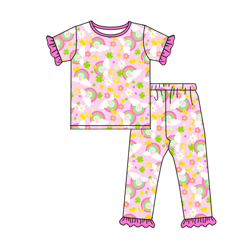 Preorder (moq 5)Baby Girls Rainbows Clovers Top Ruffle Pants St Patrick Pajamas Sets