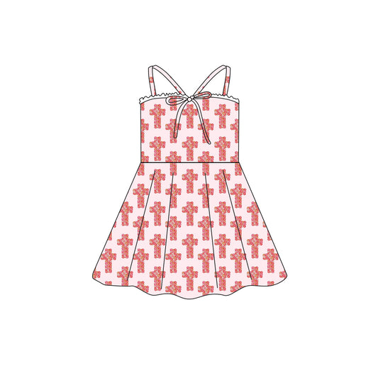 Preorder (moq 5)Baby Girls Strap Easter Flower Crosses Bow Top Knee Length Dresses