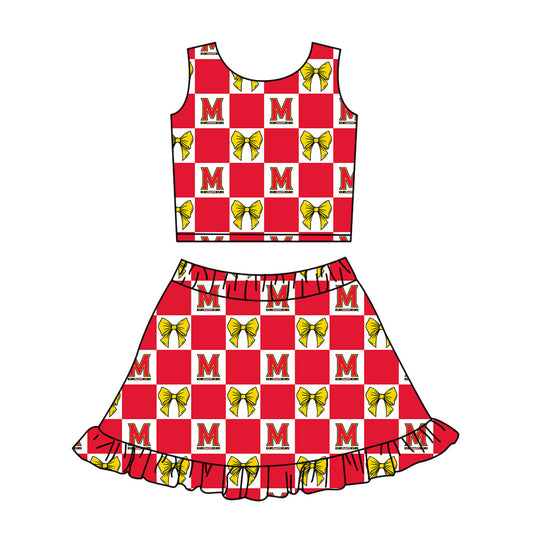 Preorder (moq 5)Baby Girls M Bows Checked Vests Top Ruffle Skirt Short Team Clothes Sets
