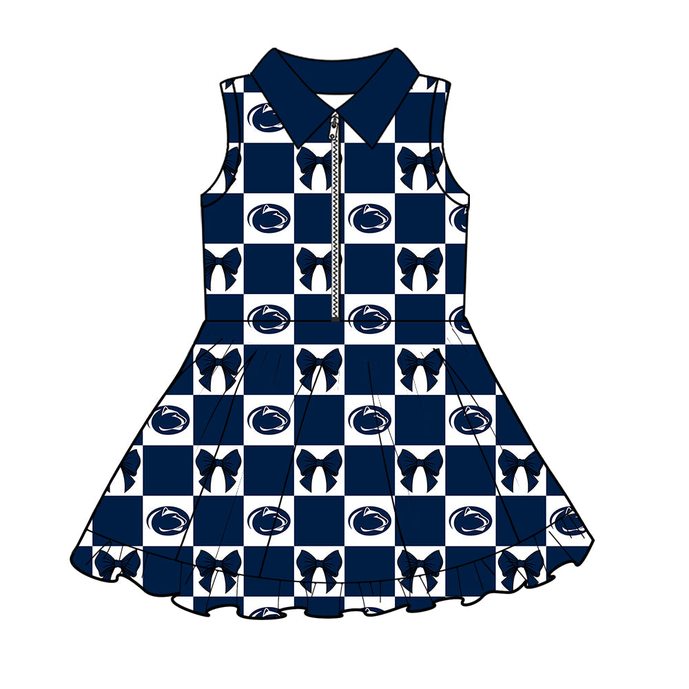 Preorder (moq 5)Baby Girls Navy Leopard Bows Checked Zip Short Team Knee Length Dress