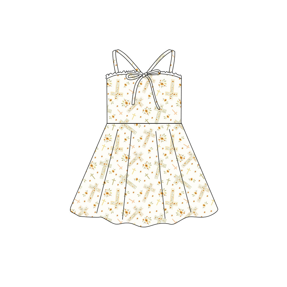 Preorder (moq 5)Baby Girls Strap Easter Flower Crosses Bow Top Knee Length Dresses