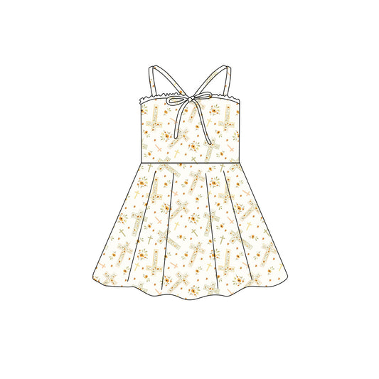 Preorder (moq 5)Baby Girls Strap Easter Flower Crosses Bow Top Knee Length Dresses