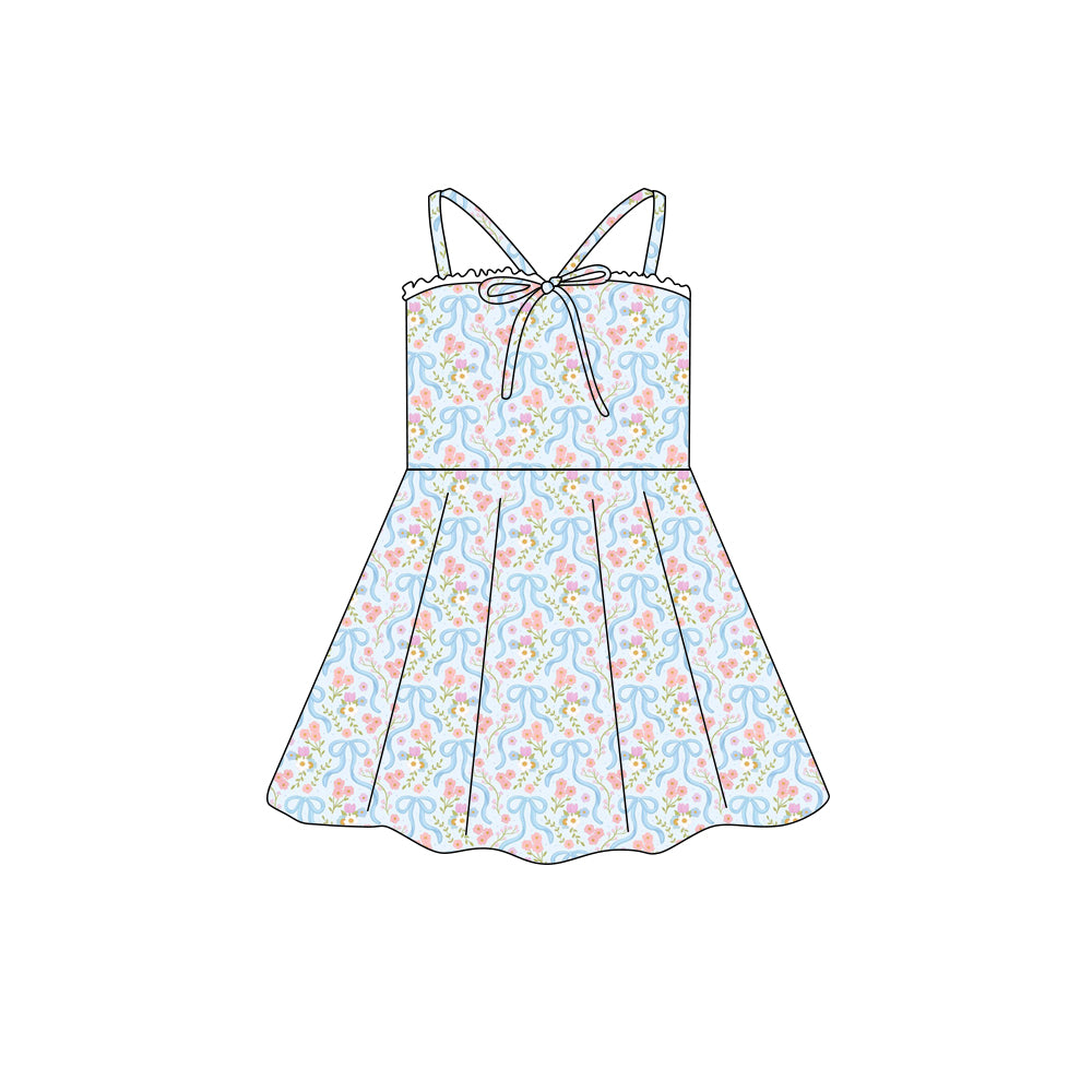Preorder (moq 5)Baby Girls Strap Blue Flowers Bow Top Knee Length Dresses
