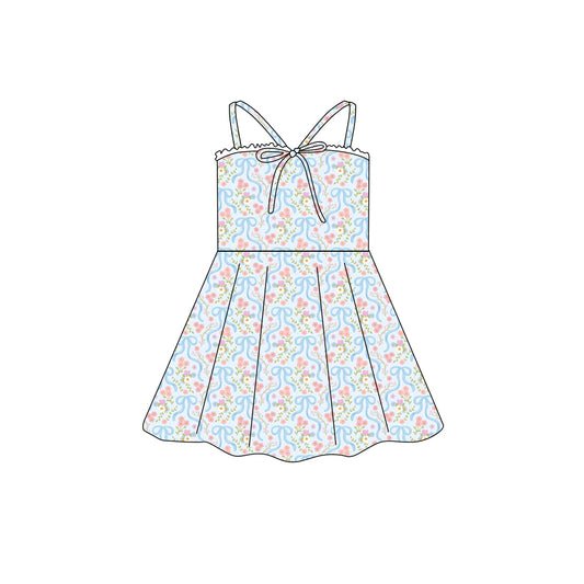 Preorder (moq 5)Baby Girls Strap Blue Flowers Bow Top Knee Length Dresses