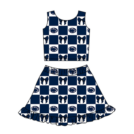 Preorder (moq 5)Baby Girls Navy Leopard Bows Checked Vest Ruffle Skirt Short Team Clothes Set