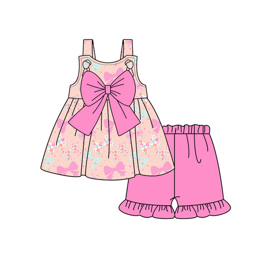 Preorder (moq 5)Baby Girls Pink Strap Flowers Bows Tunic Ruffle Shorts Clothes Set