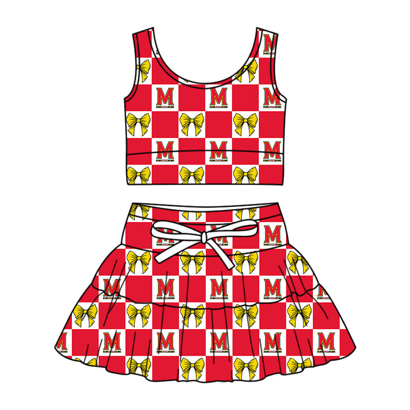 Preorder (moq 5)Baby Girls M Bows Checked Vests Top Skirt Short Team Clothes Sets