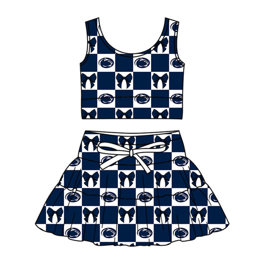 Preorder (moq 5)Baby Girls Navy Leopard Bows Checked Vest Skirt Short Team Clothes Set