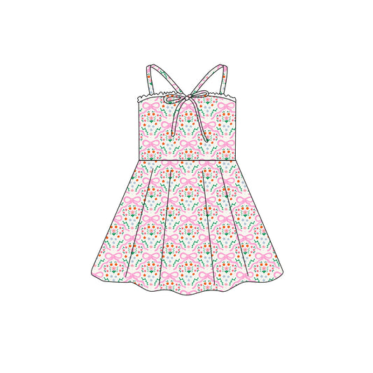 Preorder (moq 5)Baby Girls Strap Pink Flowers Bow Top Knee Length Dresses