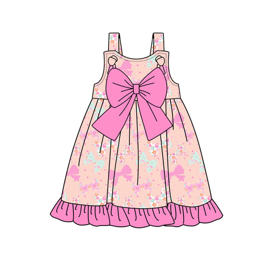 Preorder (moq 5)Baby Girls Pink Strap Flowers Bows Ruffle Knee Length Dresses