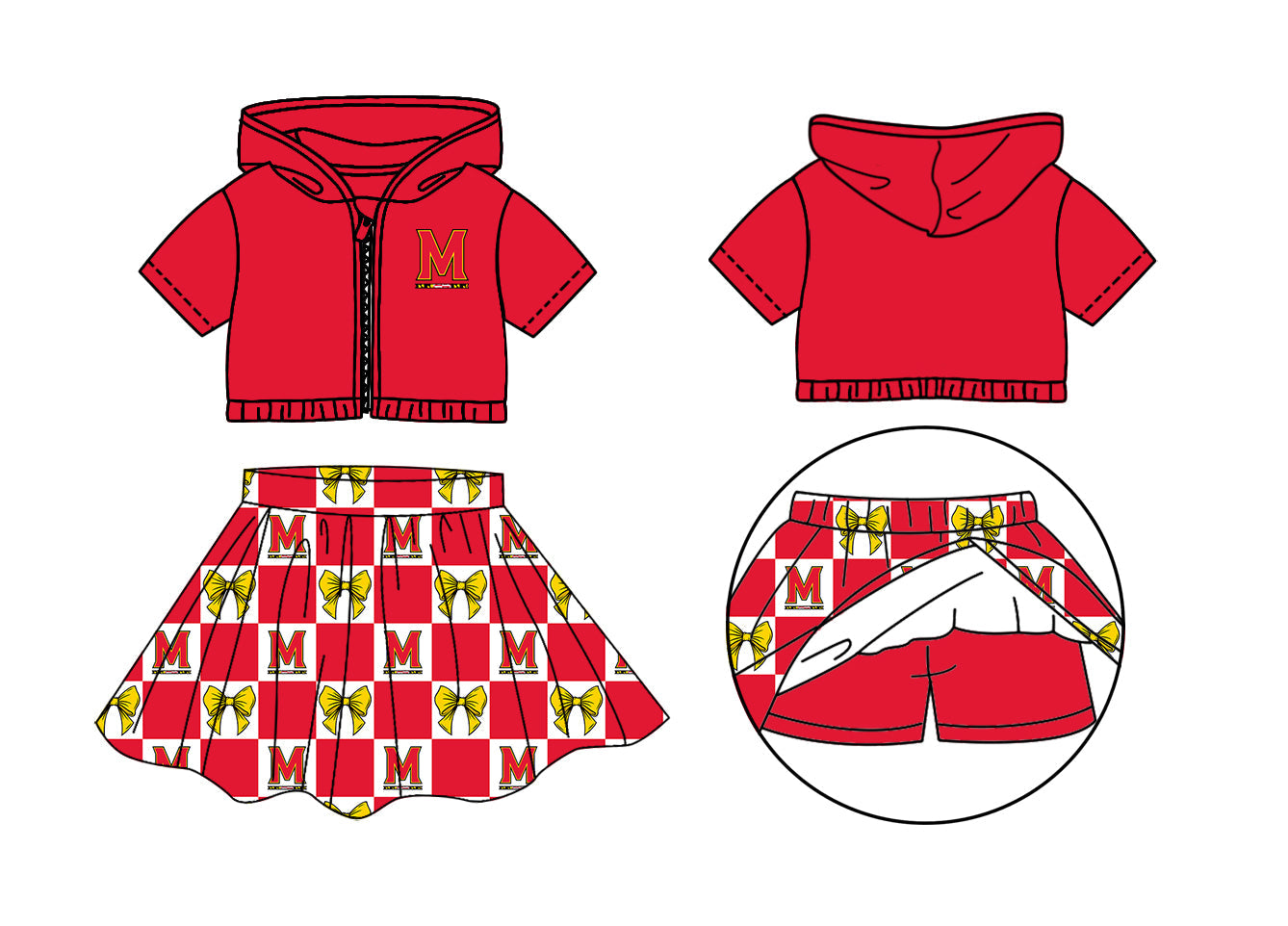 Preorder (moq 5)Baby Girls M Bows Zipper Hoodie Jackets Skirt Short Team Clothes Sets