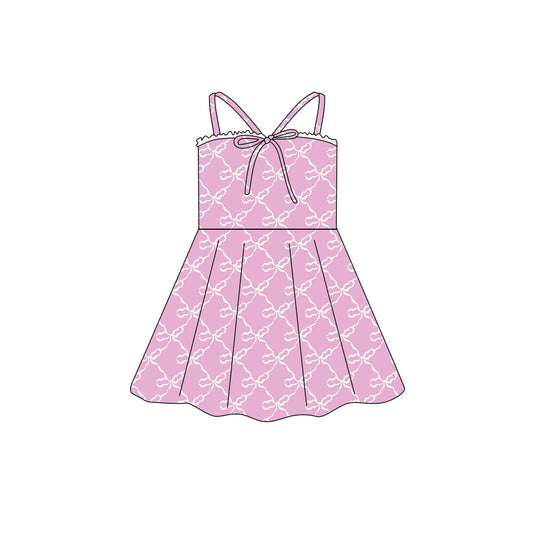 Preorder (moq 5)Baby Girls Strap Pink Bows Checked Knee Length Dresses