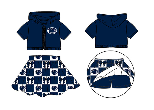 Preorder (moq 5)Baby Girls Navy Leopard Bows Zip Hoodie Jackets Skirt Short Team Clothes Set