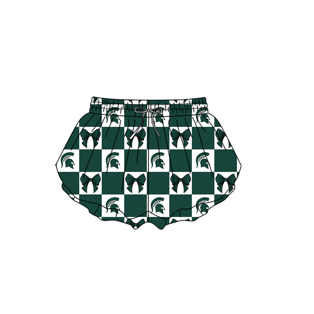 Preorder (moq 5)Baby Girls Green Spartans Bows Checked Team Ruffle Shorts Bottom