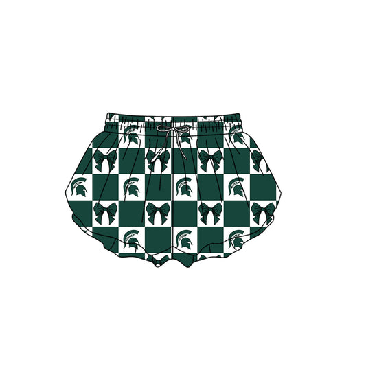 Preorder (moq 5)Baby Girls Green Spartans Bows Checked Team Ruffle Shorts Bottom