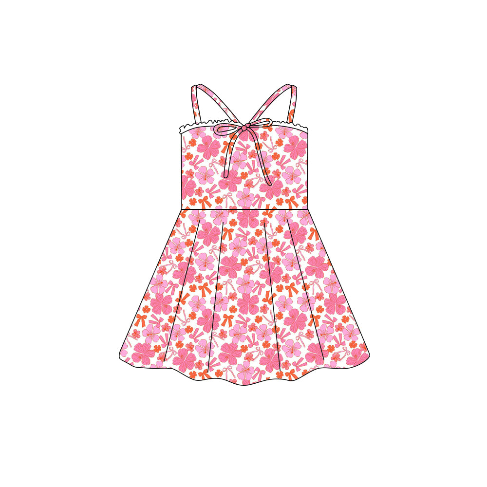 Preorder (moq 5)Baby Girls Strap Pink Flowers Bow Top Checked Knee Length Dresses