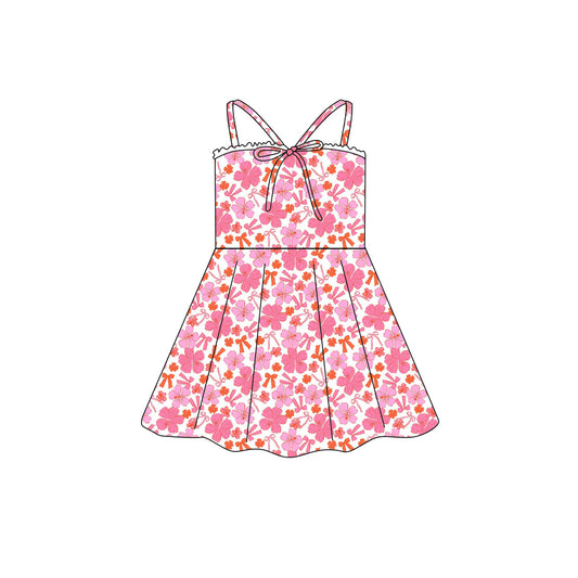 Preorder (moq 5)Baby Girls Strap Pink Flowers Bow Top Checked Knee Length Dresses