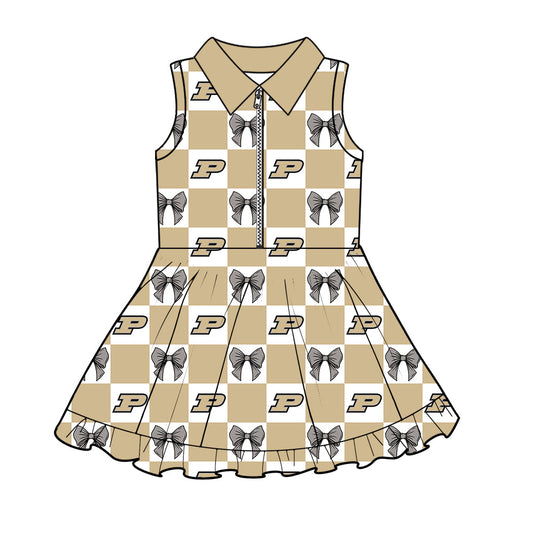 Preorder (moq 5)Baby Girls Gold P Bows Checked Zipper Short Team Knee Length Dresses