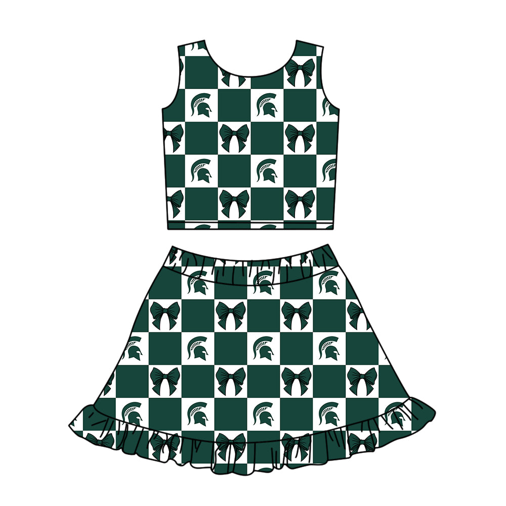 Preorder (moq 5)Baby Girls Green Spartans Bows Checked Vest Ruffle Skirt Short Team Clothes Sets