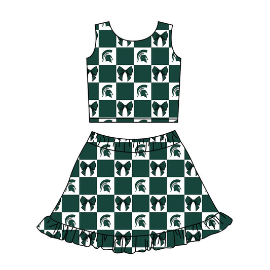 Preorder (moq 5)Baby Girls Green Spartans Bows Checked Vest Ruffle Skirt Short Team Clothes Sets