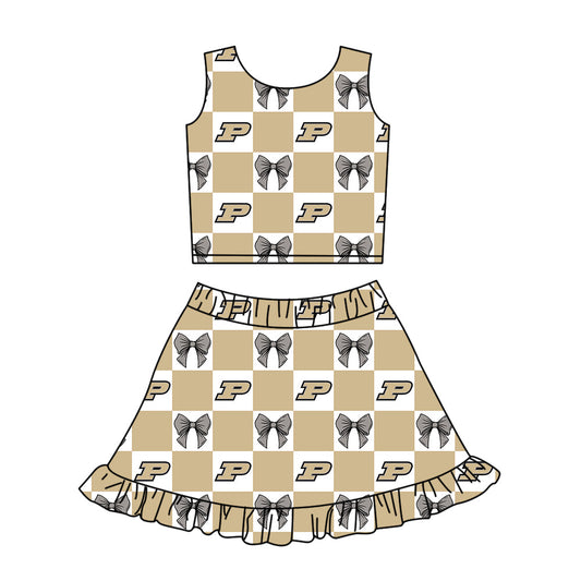 Preorder (moq 5)Baby Girls Gold P Bows Checked Vest Ruffle Skirt Short Team Clothes Sets