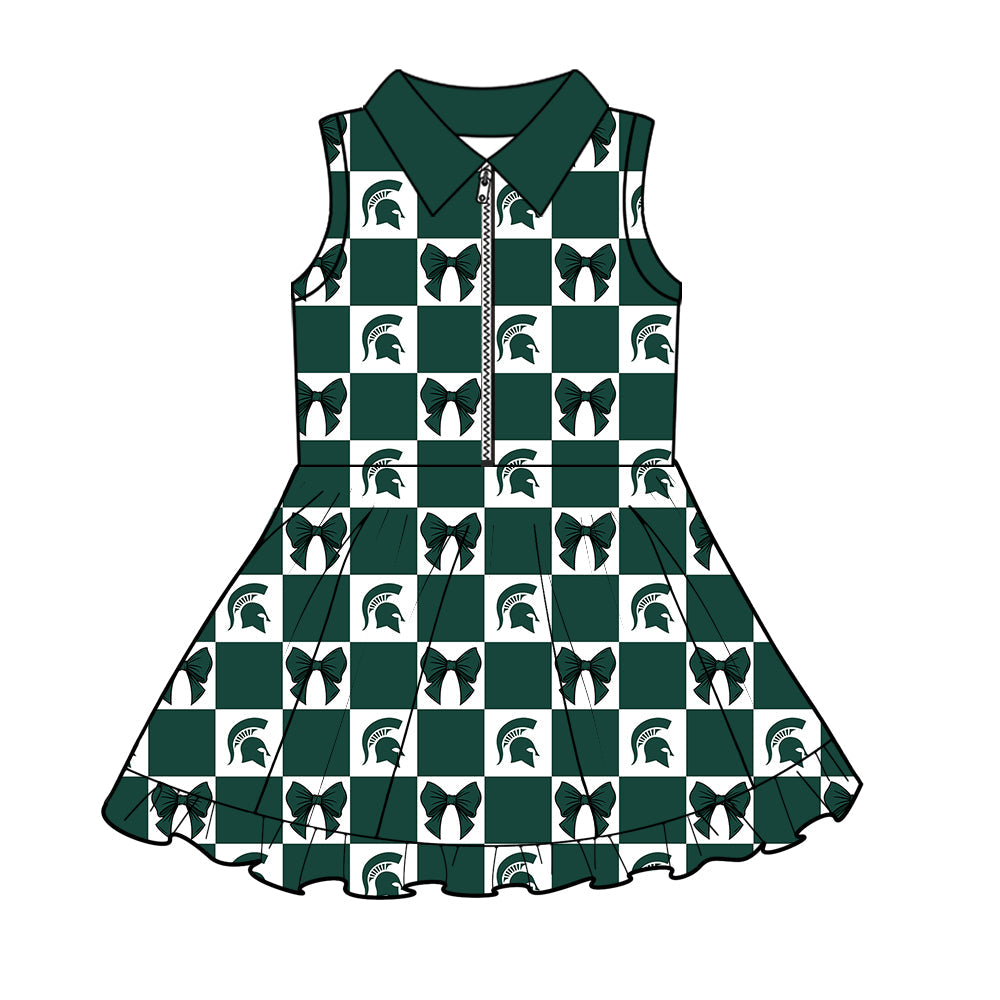 Preorder (moq 5)Baby Girls Green Spartan Bows Checked Zip Short Team Knee Length Dress