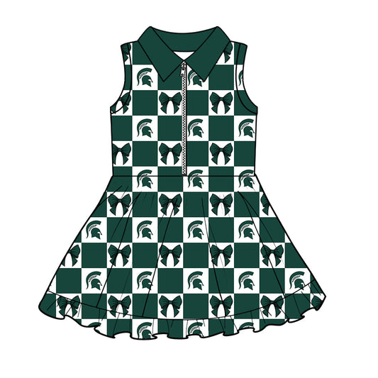 Preorder (moq 5)Baby Girls Green Spartan Bows Checked Zip Short Team Knee Length Dress