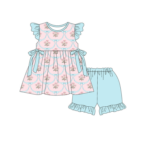 Preorder (moq 5)Baby Girls Flutter Sleeve Flowers Bows Checked Tunic Ruffle Shorts Clothes Set
