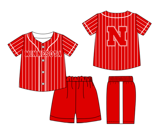 Preorder (moq 5)Baby Boys Red Stripe Minnesota Button Top Shorts Team Clothes Sets