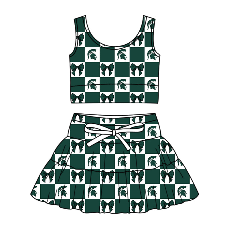 Preorder (moq 5)Baby Girls Green Spartans Bows Checked Vests Skirt Short Team Clothes Sets