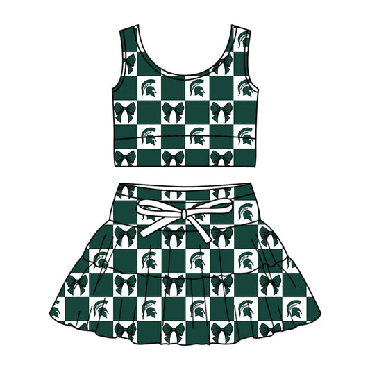 Preorder (moq 5)Baby Girls Green Spartans Bows Checked Vests Skirt Short Team Clothes Sets
