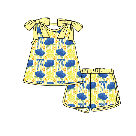 Preorder (moq 5)Baby Girls Bows Sleeveless Flowers Lemons Top Shorts Clothes Sets