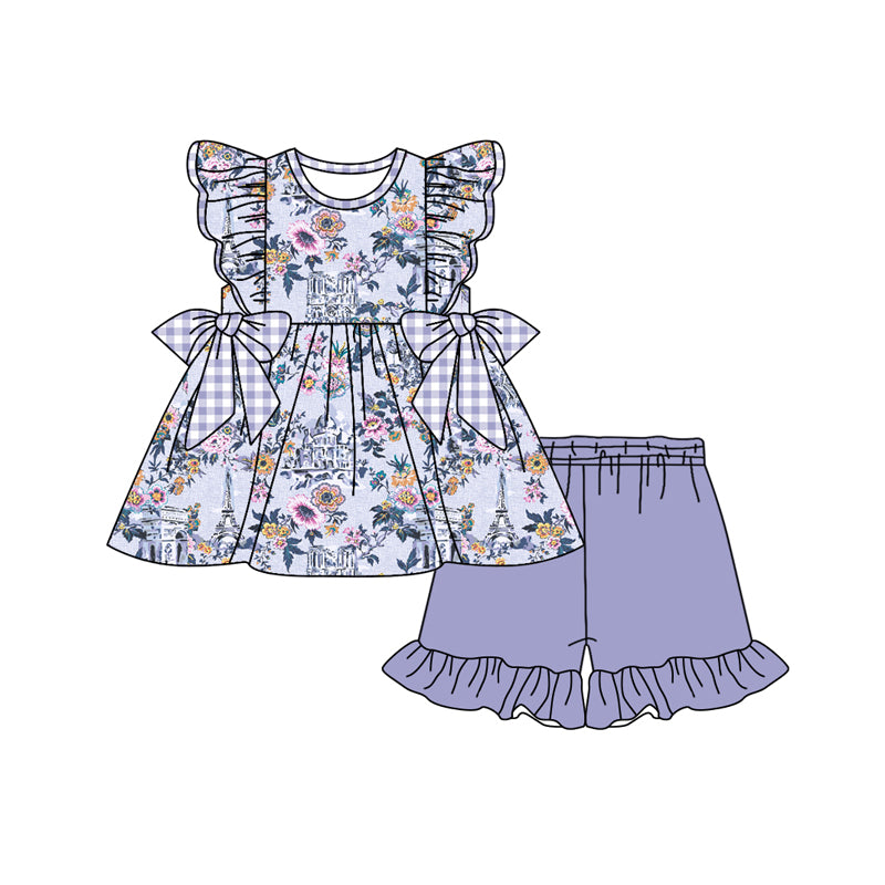 Preorder (moq 5)Baby Girls Flutter Sleeve Flowers Bows Tunic Ruffle Shorts Clothes Set